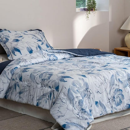 Cotton Comforter Queen Size Set – Blue Watercolor Floral Bedding, Soft & Breathable, All-Season Down-Alternative Filling, 1 Comforter & 2 Pillow Shams