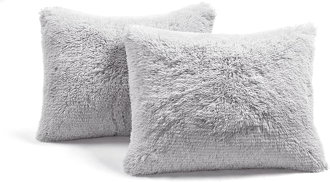 Lush Decor Emma Faux Fur Soft Fluffy Oversized Duvet Cover Set, Full/Queen, Light Gray - Warm Plush 3 Piece Bedding Set