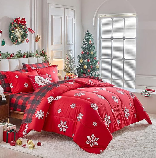 Tititada Christmas Bed in a Bag 7 Pcs Queen Size, White Snowflake on Red Holiday Bedding Comforter Set Warm for Winter(1 Comforter, 1 Flat Sheet, 1 Fitted Sheet, 2 Pillow Shams, 2 Pillowcases)