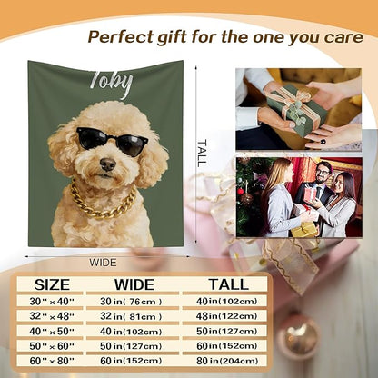 Custom Pet Portrait Blanket Personalized Fleece Throw Blankets with Dog Cat Watercolor Photo & Name Cute Cozy Soft Warm Unique Gift Ideas for Pets Lover Dog's Dad Mom