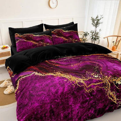 Black Gold Comforter Set 8 Pcs Hot Pink Marble Bedding Set King Size Bed in A Bag Purple and Black Marble Stone Texture Abstract Room Decor Black Marble Bed Comforter
