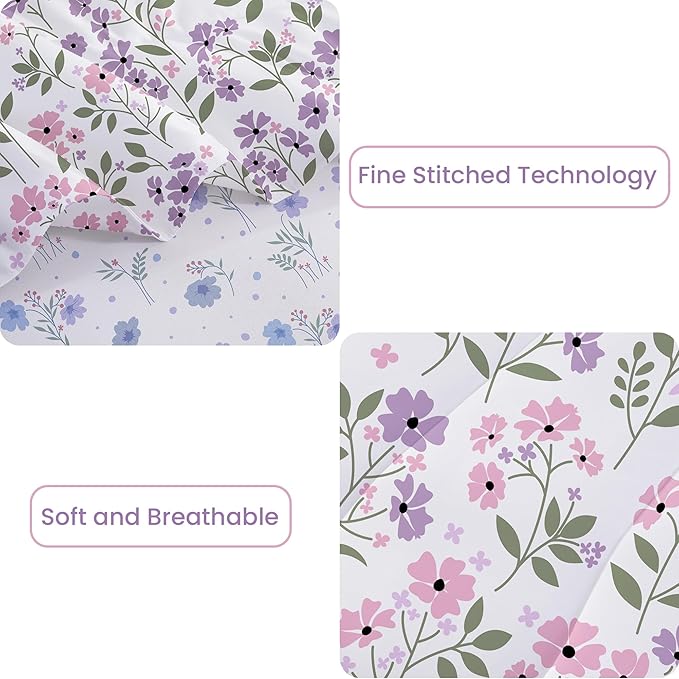 Floral King Comforter Set with Sheets, 7 Piece Luxury Vintage Bedding, Soft Microfiber Bed in a Bag, Cozy Lightweight Bed Set, Purple Flower Green Leaf