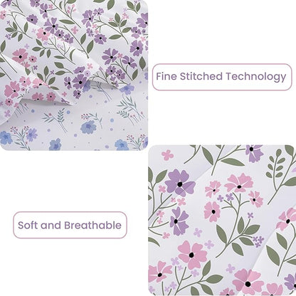 Floral King Comforter Set with Sheets, 7 Piece Luxury Vintage Bedding, Soft Microfiber Bed in a Bag, Cozy Lightweight Bed Set, Purple Flower Green Leaf