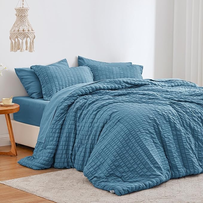 Love's cabin Seersucker Misty Blue Twin Comforter Set, 5-Piece All Season Lightweight Bed in a Bag Bedding Set with Comforter, Flat Sheet, Fitted Sheet, Pillowcase and Sham | Soft, Breathable, Lightweight