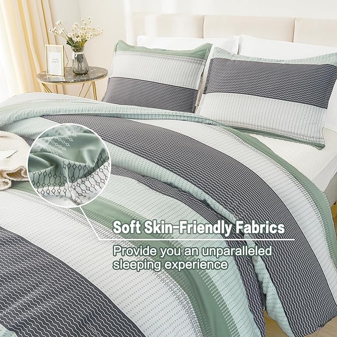 Litanika King Size Comforter Set Sage Green - 3 Pieces Lightweight Quilt Bedding Comforter Sets, Light Green White Colorblock Stripe Fluffy Bed Set, All Season Down Alternative