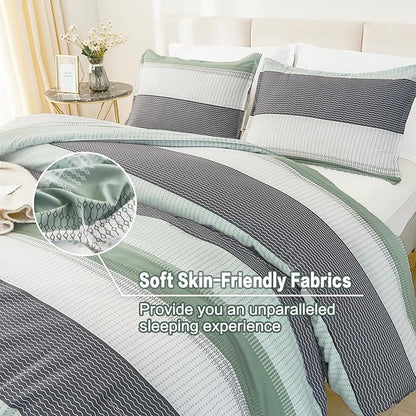 Litanika Oversized Queen Comforter Set Sage Green 98x98-3 Pieces Lightweight Green White Colorblock Stripe Fluffy Bedding Comforter Sets, All Season Bed Set