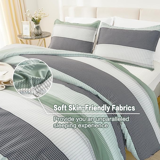 Litanika Oversized King Comforter Set Sage Green 128x120-3 Pieces Lightweight Green White Colorblock Stripe Fluffy Bedding Comforter Sets, All Season Bed Set