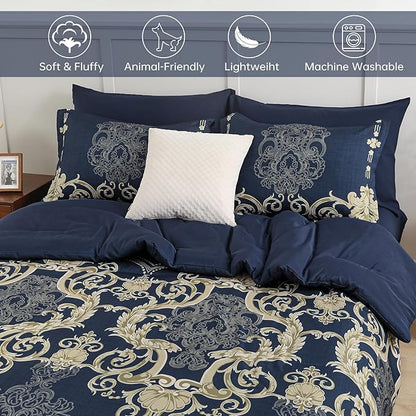 Mybedsoul Blue Gold Queen Comforter Set, 7 Pieces Boho Bed in a Bag for Queen Bed, Damask Comforter with Sheets Pillowcases, Soft Microfiber Lightweight Bedding Sets for All Season(90"x90")