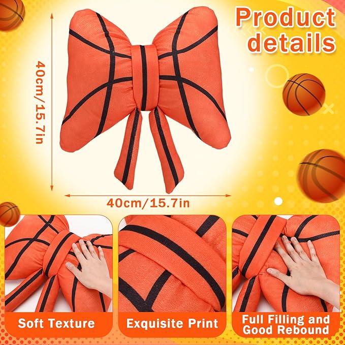 Pinkunn Basketball Bow Pillow Plush, 15'' Orange Bow Shaped Throw Pillow, Fluffy Soft Decorative Sports Basketball Cushion Valentines Gift for Women Men Players Sport Enthusiast Home Sofa Couch Decor