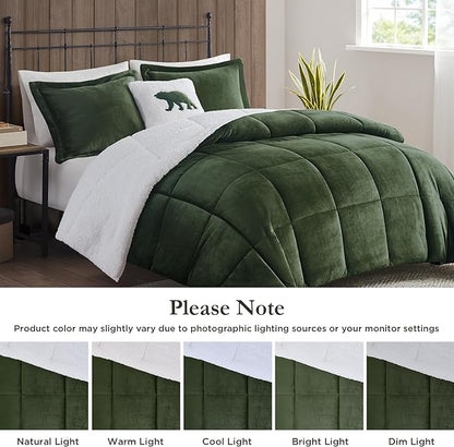 Woolrich Reversible Comforter Set Ultra Soft Plush to Sherpa, Down Alternative, Cold Weather Winter Warm Bedding, with Matching Sham, Decorative Pillow Green/Ivory King 4 Piece