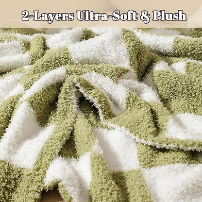 MorroMorn Checkered Blanket for Couch Bed Sofa Chair, Green Throw Blanket 2-Layers Soft Cozy Fleece Plaid Blankets Checkerboard Grid - Fluffy Fuzzy Plush Warm Home Decor, 60x80 inches