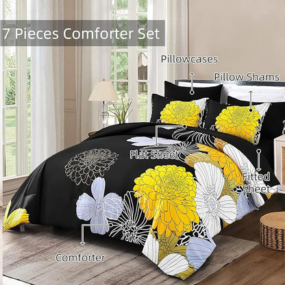 7 Pieces King Yellow Black Comforter Set Bed in a Bag Floral Bedding Set Soft Microfiber Boho Comforter (1 Comforter 1 Flat Sheet 1 Fitted Sheet 2 Pillowshams 2 Pillowcases)