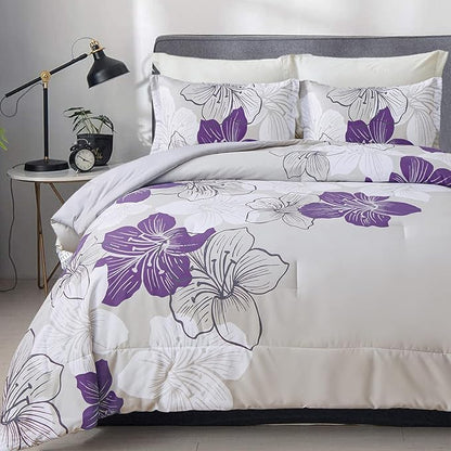 Menghomeus Queen Comforter Set Purple Floral Pattern Printed on Grey, Soft Microfiber Bedding Set Lightweight Bed Comforter Set for All Season (1 Comforter, 2 Pillowcases)