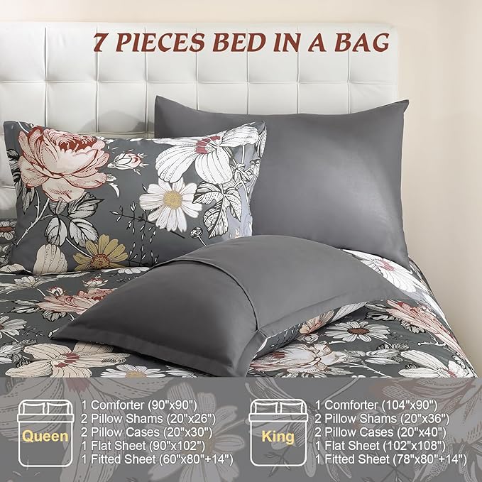 Luxudecor Queen Comforter Set 7 Pieces Bedding Sets,Gray Floral Comforter and Sheet Set,Soft Microfiber Bed in a Bag for All Seasons (Gray,90"x90")