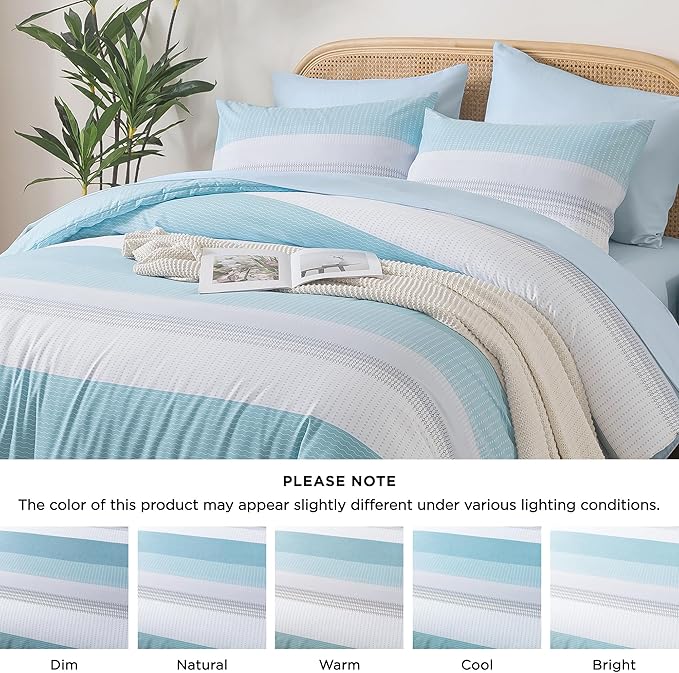 Andency King Size Comforter Set Light Blue - 7 Pieces Striped Lightweight Bed in a Bag, Soft Microfiber Reversible Bedding Set with Comforter, Fitted & Flat Sheet, Pillowcases & Shams
