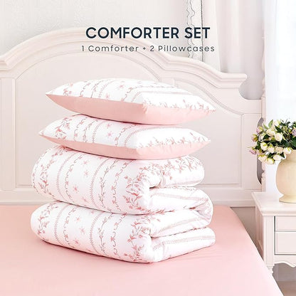 Wake In Cloud - Shabby Chic Comforter Set, Cottagecore Floral Romantic Charming Style with Botanical Stripe Pattern, Soft Lightweight Bedding, 3 Pieces, Pink White, Twin/Twin XL Size