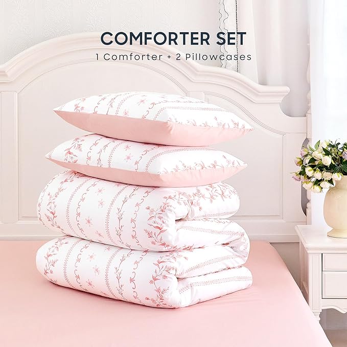 Wake In Cloud - Shabby Chic Comforter Set, Cottagecore Floral Romantic Charming Style with Botanical Stripe Pattern, Soft Lightweight Bedding, 3 Pieces, Pink White, Full Size