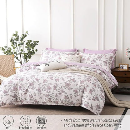 Pink Floral Cotton Comforter King Size 3PC - Vintage Romantic Botanical on Soft White with Smoky Pink Floral Reverse – Cozy Reversible Lightweight Comforter Set with Soft Fill(104"×90")