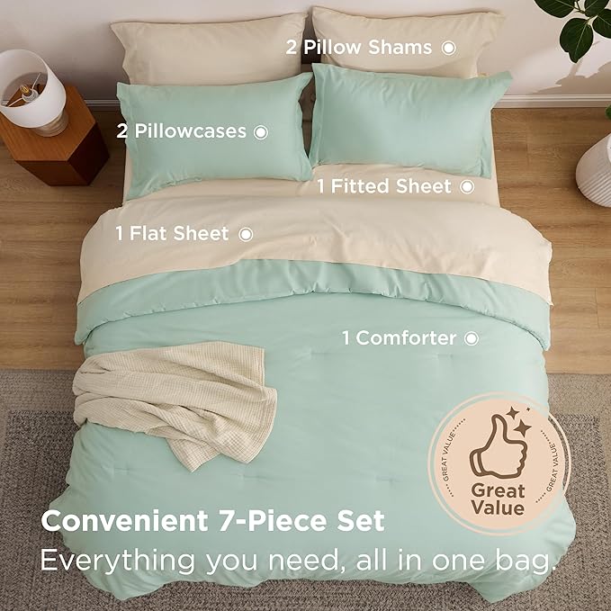 Bedsure California King Comforter Set Sage Green, 7 Pieces Soft Comforter for Cal King Size Bed with Sheets, Pillowcases & Shams, All Season Boho California King Size Bed in a Bag