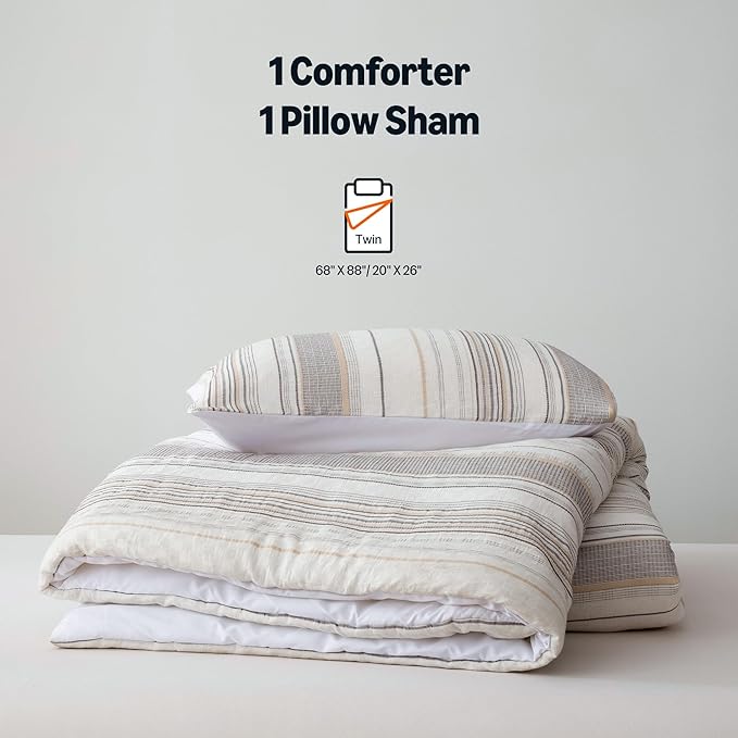 Amazon Basics Comforter Set, 2-Piece Jacquard Microfiber Comforter and Pillow Sham, All-Season Bedding, Twin, Beige Striped