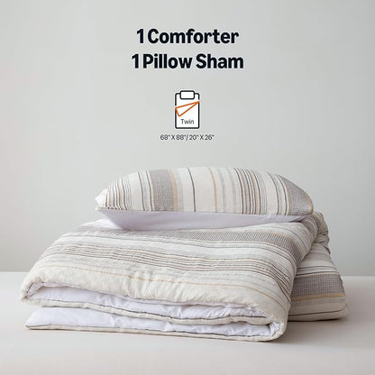 Amazon Basics Comforter Set, 2-Piece Jacquard Microfiber Comforter and Pillow Sham, All-Season Bedding, Twin, Beige Striped
