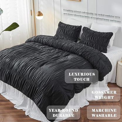 Bonlino Queen Comforter Set - Black Boho Shabby Chic Bedding for Bedroom - Fluffy 3 Piece Ruffle Comforter Set with Pillow