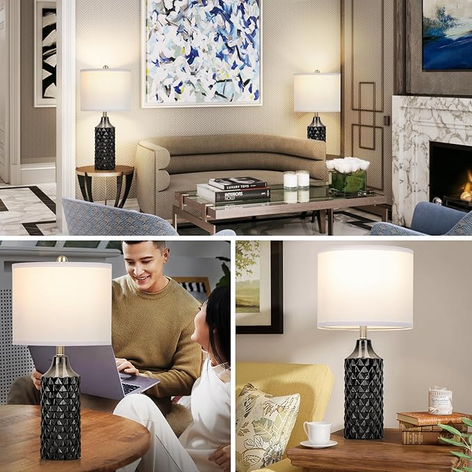 Ceramic Table Lamps Set of 2, Modern Bedside Lamp 25" Nightstand Lamp 3-Way Dimmable Lamp for Bedroom Living Room End Table Lamp Farmhouse Lamp Side Table Lamp, Bulbs Included (25 inch, Black)