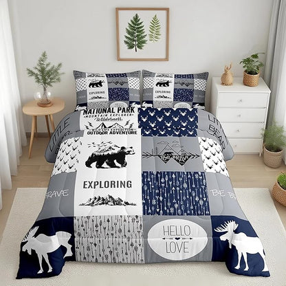 Feelyou Bear Deer Comforter Set Hunting Camping Bedding Set for Kids Boys Girls Deer Antler Comforter Rustic Cabin Plaid Duvet Set 1 Comforter Set with 2 Pillowcases King Size Boys