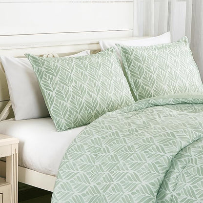 Chezmoi Collection Medina 3-Piece Tranquil Leaf Comforter Set Queen - Soft Green White Leaves Printed Microfiber Lightweight Bedding Set for All Season