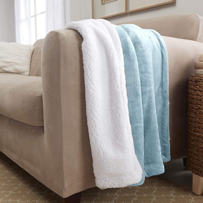 Genteele Sherpa Throw Blanket Super Soft Reversible Ultra Luxurious Plush Blanket, 50 x 60 inches, Tourmaline Blue/White