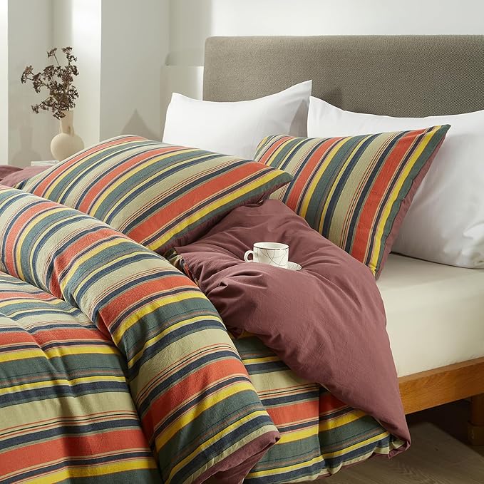 mixinni Full Size Comforter Set 3 Pieces, Vintage Colorful Striped Washed Cotton Reversible Comforter with 2 Pillowcases, All Season Lightweight Bedding for Women & Men, Retro Mid-Century Style