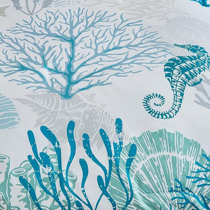 WONGS BEDDING Coastal Comforter Set Queen, Beach Themed Comforter,7 Pieces Ocean Nautical Seaweed & Starfish Bed in a Bag (90"×90")