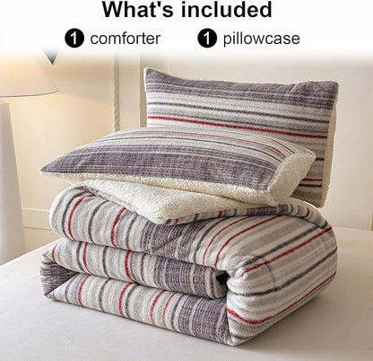 Cyusri Striped Sherpa Comforter Set 2Pcs Fluffy Warm Fleece Down Alternative, Grey Red Bedding Set with 1 Pillowcase, Twin Size 68"x90"