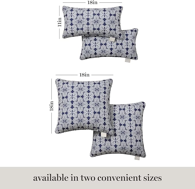 Martha Stewart Tulum Indoor Outdoor Decorative Lumbar Pillow 2-Pack Set, UV Fade Resistant, Water Repellent, Printed Modern Design, Navy Blue, 11"x18"