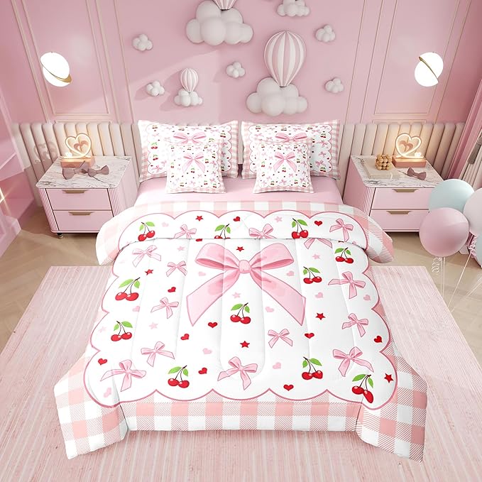Erosebridal Bow Cherry Plaid Pink Girls Kids King 7-Piece Comforter Set | Bowknot Fruits Kawaii Cute Sheets and Pillowcases Checkered White Princess Red Bed in A Bag Teens Women Bed Sets
