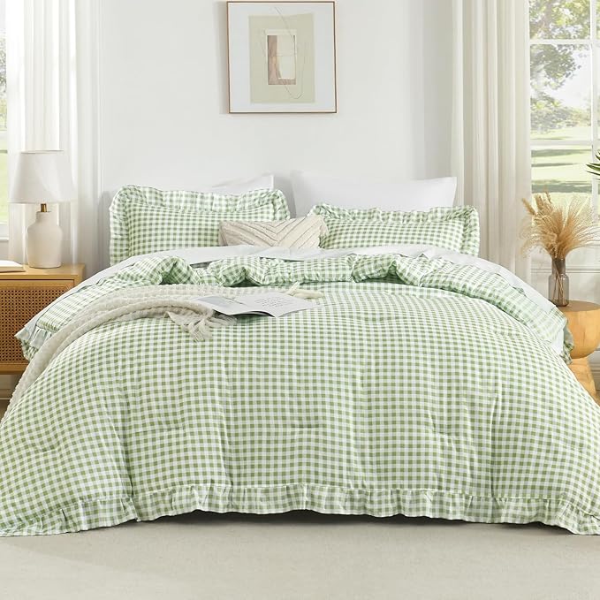 Andency Sage Gingham Ruffle Comforter King(104x90Inch), 3 Pieces(1 Ruffled Comforter and 2 Pillowcases) Solid Farmhouse Shabby Chic Bed, Vintage Rustic Soft Microfiber Bedding Set
