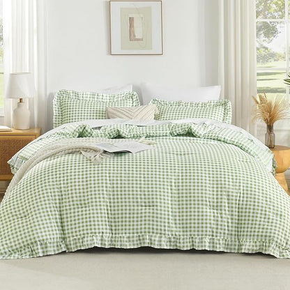 Andency Sage Gingham Ruffle Comforter King(104x90Inch), 3 Pieces(1 Ruffled Comforter and 2 Pillowcases) Solid Farmhouse Shabby Chic Bed, Vintage Rustic Soft Microfiber Bedding Set