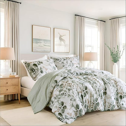 Lightweight Seersucker Botanical Comforter Set King Size, 3 Pieces Reversible Design with Striped Print, Premium Microfiber Bedding Set, Comforter and Sham Set, Green