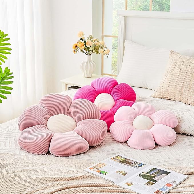 Hot Pink Flower Pillow, 17.7" Cute Flower Shaped Floor Pillow, Aesthetic Floral Plush Daisy Decorative Throw Pillows for Bed Sofa Couch