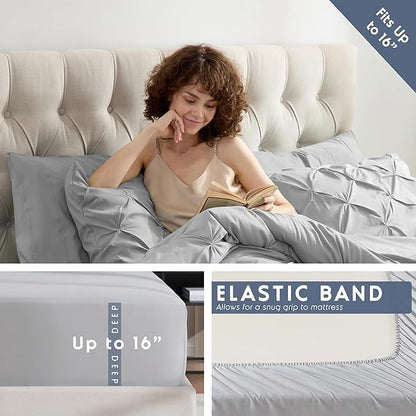 Nestl King Size Comforter Set 7 Pieces - Pinch Pleated Comforter Set Light Grey, Bed in a Bag, All Season Bed Set, Bedding Set with Flat Sheet, Fitted Sheet, Pillowcases and Shams