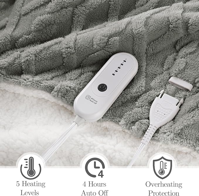 Heated Blanket Electric Throw 50''X60''-Fluffy Ultra Soft Electric Blanket with 3D Stylish Design, 240g Plus 200g Sherpa, 5 Heating Levels and 4 Hours Auto Off, Machine Washable, Gray