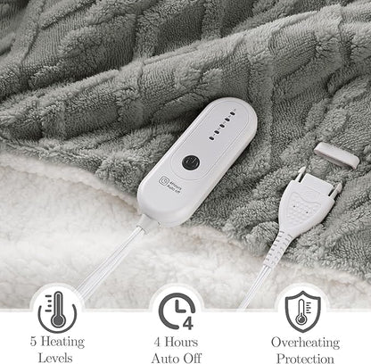 Heated Blanket Electric Throw 50''X60''-Fluffy Ultra Soft Electric Blanket with 3D Stylish Design, 240g Plus 200g Sherpa, 5 Heating Levels and 4 Hours Auto Off, Machine Washable, Gray