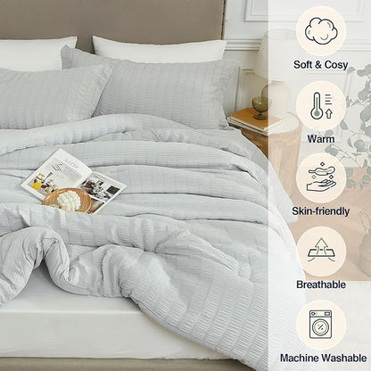 Light Grey Full Comforter Set - 3 Pieces Seersucker Lightweight Bedding Comforter Sets (1 Soft Fluffy Comforter & 2 Pillowcases) - All Seasons Cozy Modern Bed Sets for Women Men