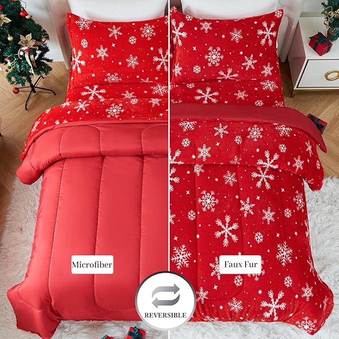 YIYEA Christmas Faux Fur Comforter Set Queen Size with Fitted Sheet, Luxury Ultra Soft Fuzzy Comforter, Fluffy Plush Velvet Bedding Comforter Sets for Fall Winter, Cozy Warmth, No Shedding, 4PC