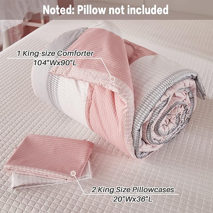 Litanika Pink King Size Comforter Set, 3 Pieces Blush White Colorblock Lightweight Bedding Comforter Set