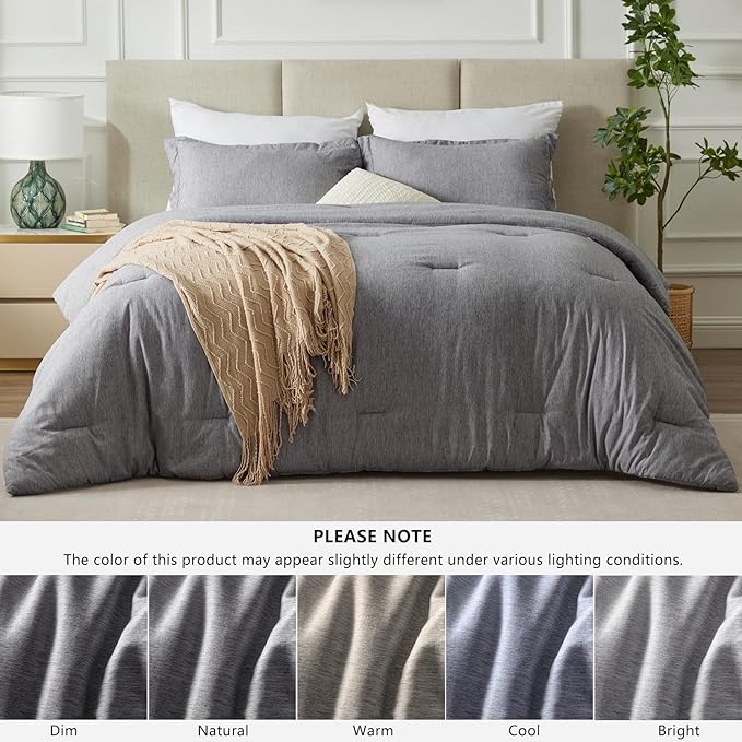 CozyLux Queen Comforter Set - 3 Pieces Grey Soft Luxury Cationic Dyeing Queen Comforter for All Season, Gray Breathable Lightweight Fluffy Bedding Sets with 1 Comforter and 2 Pillow Shams