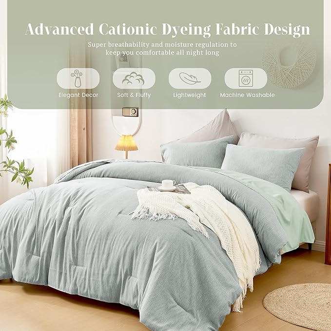 DECMAY Twin Comforter Set with Sheets, 5 Pieces Twin Comforter Set, Cationic Dyeing Bed in a Bag Bedding Set with Comforter, Flat Sheet, Fitted Sheet, Pillowcase and Pillow Sham (Twin, Light Green) | twin comforter set, twin bedding set, twin bed set