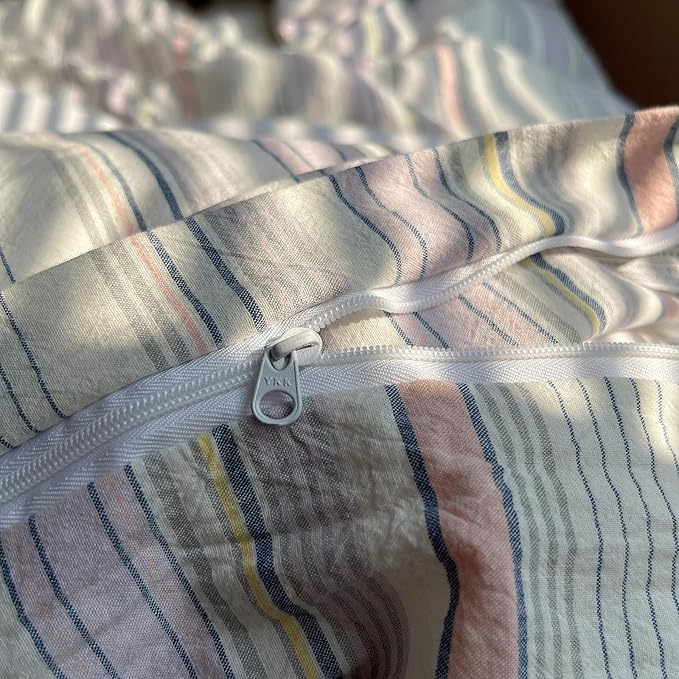 HighBuy Farmhouse Striped Comforter Set Full Size,Fluffy Soft Stripes Comforter with 2 Pillowcases,Modern Chic Vintage Comforter for All Seasons,Breathable Soft Striped Bedding Set