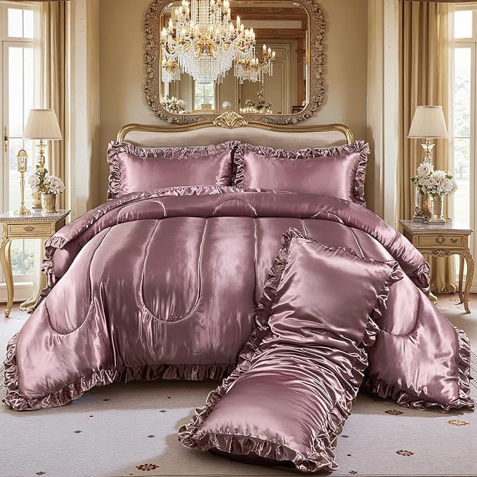 Satin King Comforter Set Silk Like Satin Bedding Set 4 Pcs Hotel Soft Polyester Blush Pink Bed Set Luxury Silky Body Pillow Cover Ruffle Down Comforter Home Decor