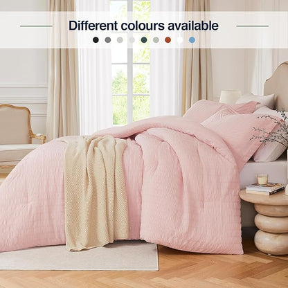 Pink Twin/Twin XL Comforter Set - 2 Pieces Seersucker Lightweight Bedding Comforter Sets (1 Soft Fluffy Comforter & 1 Pillowcase) - All Seasons Cozy Modern Bed Sets for Women Men